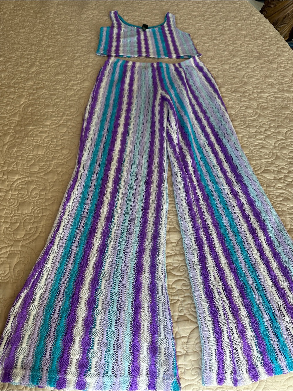 Striped Crochet Wide-Leg Pants & Crop Tank Set - Purple / Teal / White
